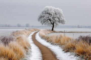 Winding snow path through a field with a frosty tree