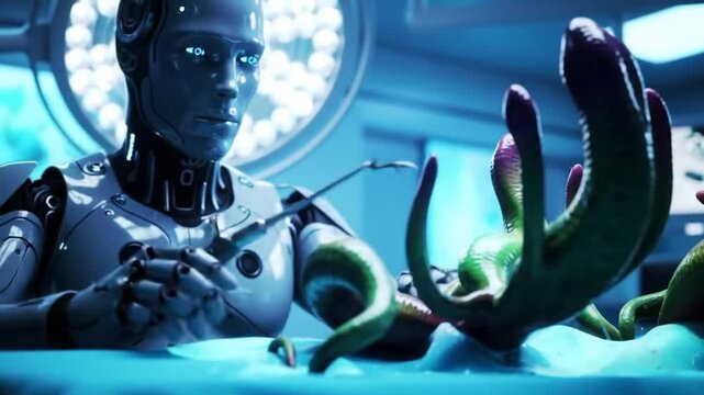 A humanoid robot surgeon meticulously performs a delicate examination on an alien lifeform in a futuristic high-tech medical lab