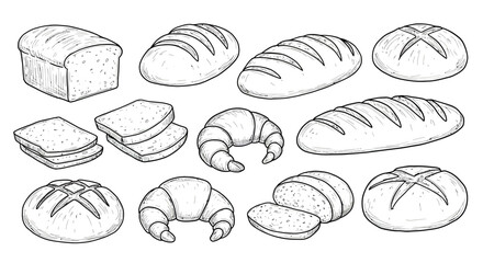Black and white outlined drawing of various bread types including loafs and croissants