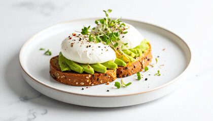 A slice of multigrain toast topped with smashed avocado, poached egg, chili flakes, and microgreens, served on a ceramic plate with marble background
