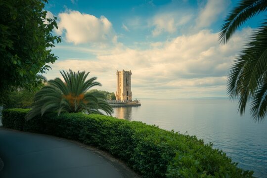 Ancient tower reflecting in tranquil waters beneath a bright sky with palm trees and lush greenery evoking a sense of travel and history