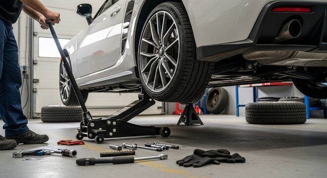 Mechanic lifts a car using a floor jack in a garage, preparing for maintenance or repair.