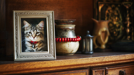 Pet memorial shelf with urn, photo frame of smiling cat, and red collar on wooden shelf. concept of remembering beloved pets, loss, cherished memories 