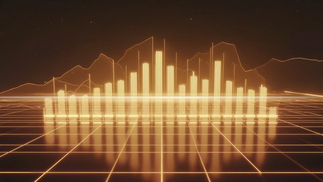 Futuristic golden-orange 3D bar chart on a digital grid floor with glowing reflections, modern data visualization, technology-driven analytics, and progress in financial and business intelligence