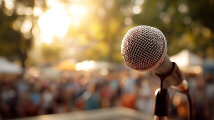 A microphone is prominently shown in an outdoor public event with a blurred crowd in the background, capturing the essence of public speaking or performance.