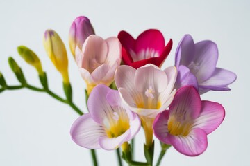 Beautiful Freesia Flowers in Full Bloom with Vibrant Colors Against a Light Background Perfect for Spring and Floral Designs