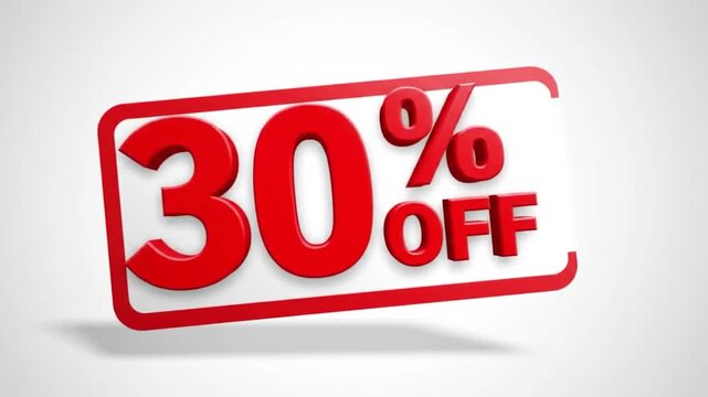 Red, 3D "30% OFF" text inside a rectangular frame against a white background