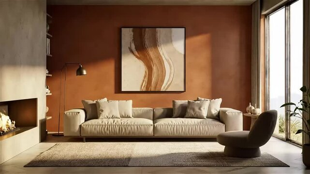 Modern beige sofa in terracotta room, ocean view