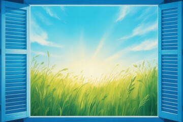 Blue Window Frame Overlooking a Lush Meadow on a Bright Sunny Day Capturing the Essence of Summer and Tranquility