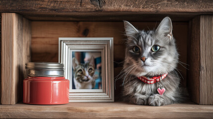Pet memorial shelf with urn, photo frame of smiling cat, and red collar on wooden shelf. concept of remembering beloved pets, loss, cherished memories 