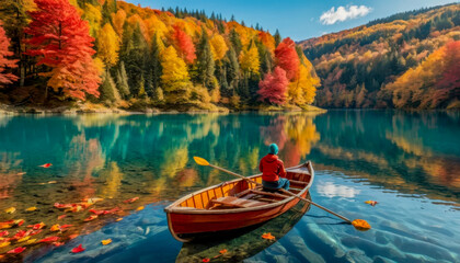 A lone figure rows a wooden boat across a pristine lake, mirrored by vibrant autumn foliage.  Fallen leaves drift on the crystal-clear water, enhancing the tranquil scene.