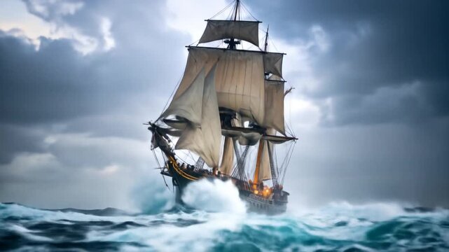 Historic Sailing Ship Battling Stormy Seas