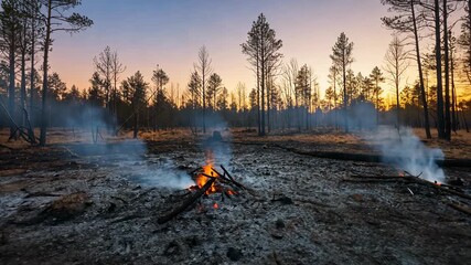 Smoldering Forest Fire Burning with Smoke Rising During Sunset in a Dead Forest Scene - Powered by Adobe