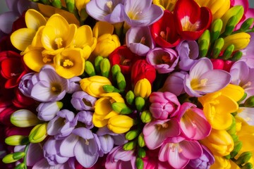 Colorful Freesia Flower Bouquet Displaying Vibrant Petals and Buds in a Close Up Shot Perfect for Springtime
