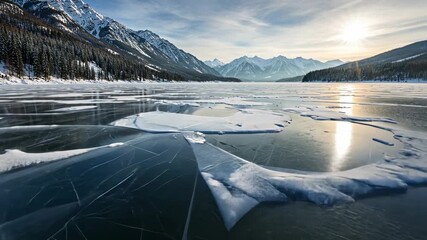 Frozen lake with cracked ice surrounded by snow-capped mountains during sunrise - Powered by Adobe