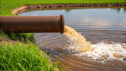 Water pollution from industrial pipe discharging waste into river stream environment landscape view