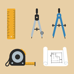 A collection of essential architectural and drafting tools, including rulers, compasses, and blueprints, presented in a clean flat design vector illustration.