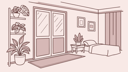 Bedroom interior design with plants and natural light home decor and furniture design vector illustration