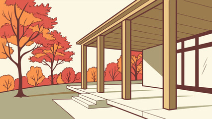 Autumn landscape with modern house architecture and trees in fall season outdoor nature scene illustration