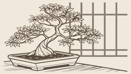 Beautiful bonsai tree art drawing illustration zen garden japanese miniature tree plant indoor decor design