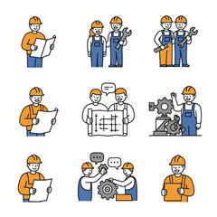Nine vector illustrations showcase diverse scenarios of construction workers and engineers in various tasks, emphasizing teamwork and technical expertise on a white background.
