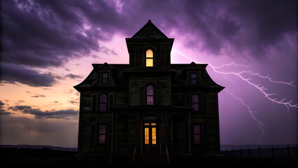 Haunted Victorian House with Lightning Storm