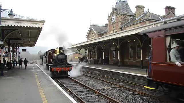 Steam train departs Victorian station, passengers aboard, hazy day