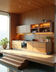 A modern kitchen with a raised platform wooden cabinets and a large window overlooking a landscape