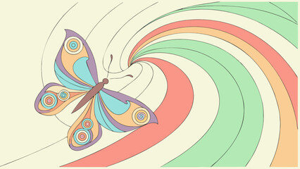 Colorful butterfly illustration with retro swirl background vector art design graphic image