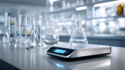 A laboratory scale with chemical glassware is shown, used for precise measurement in scientific experiments and analyses.