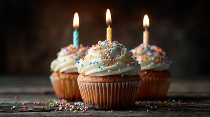Delicious cupcake with three lit candles and colorful sprinkles a sweet birthday treat -