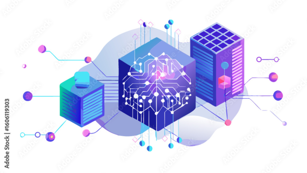Poster isometric artificial intelligence ai data processing server network technology concept design vector