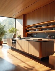 A sleek kitchen with a long island wooden cabinetry and illuminated open shelving