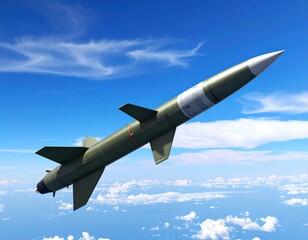Missile launches into clear blue sky demonstrating advanced military technology and engineering principles