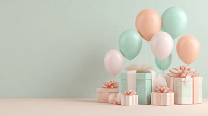 Soft pastel birthday celebration background with mint green and peach balloons and gifts -
