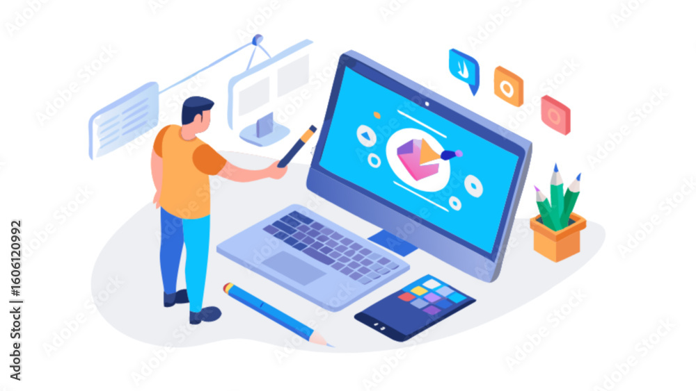 Poster isometric graphic designer working on computer for web design and development project illustration c