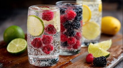 Collagen infused sparkling water with berries, citrus slices offers refreshing, low-calorie hydration for skin health. Fizzy drink with natural fruity flavors promotes wellness, vitality, making 