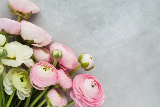 Elegant ranunculus bouquet in shades of pink and white on a soft gray textured background perfect for weddings or spring designs - Powered by Adobe