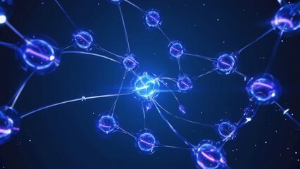 Abstract representation of quantum particles and their interactions in a digital universe featuring glowing atoms, connected by light beams on dark background, symbolizing advanced technology, science