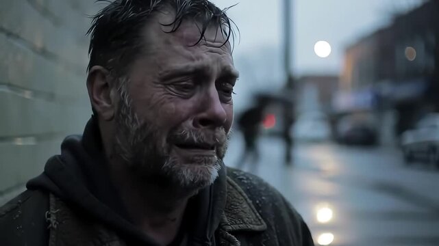 Weathered man cries, city street background, film still