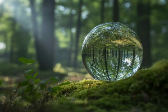 Enchanting Forest Landscape Reflected in a Crystal Ball Resting on Moss Covered Ground Creating a Surreal Scene