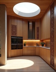 A minimalist kitchen with a circular skylight and ornate wooden panels