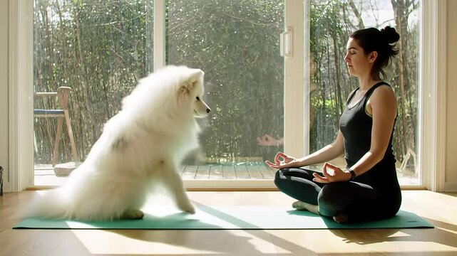 Woman meditates with Samoyed dog by sunny window