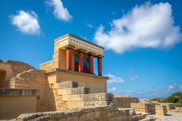 Knossos Palace Archaeological Site in Crete Greece Restoration and Ancient History Under a Brilliant Blue Sky With White Clouds