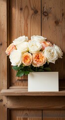 A bouquet of roses sits on a wooden shelf.