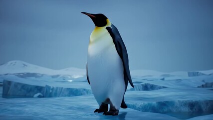 Emperor penguin standing on ice against a glacial backdrop with a blue atmosphere
