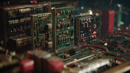 Close-up of electronic circuit boards with illuminated components