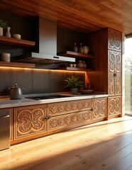 A modern kitchen with detailed carved wooden cabinets and floating shelves