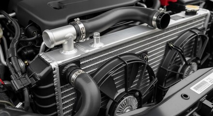 Close-up of a car engine radiator with cooling fans, hoses, and metal components.