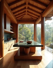 A contemporary kitchen with exposed wooden beams and a green marble island